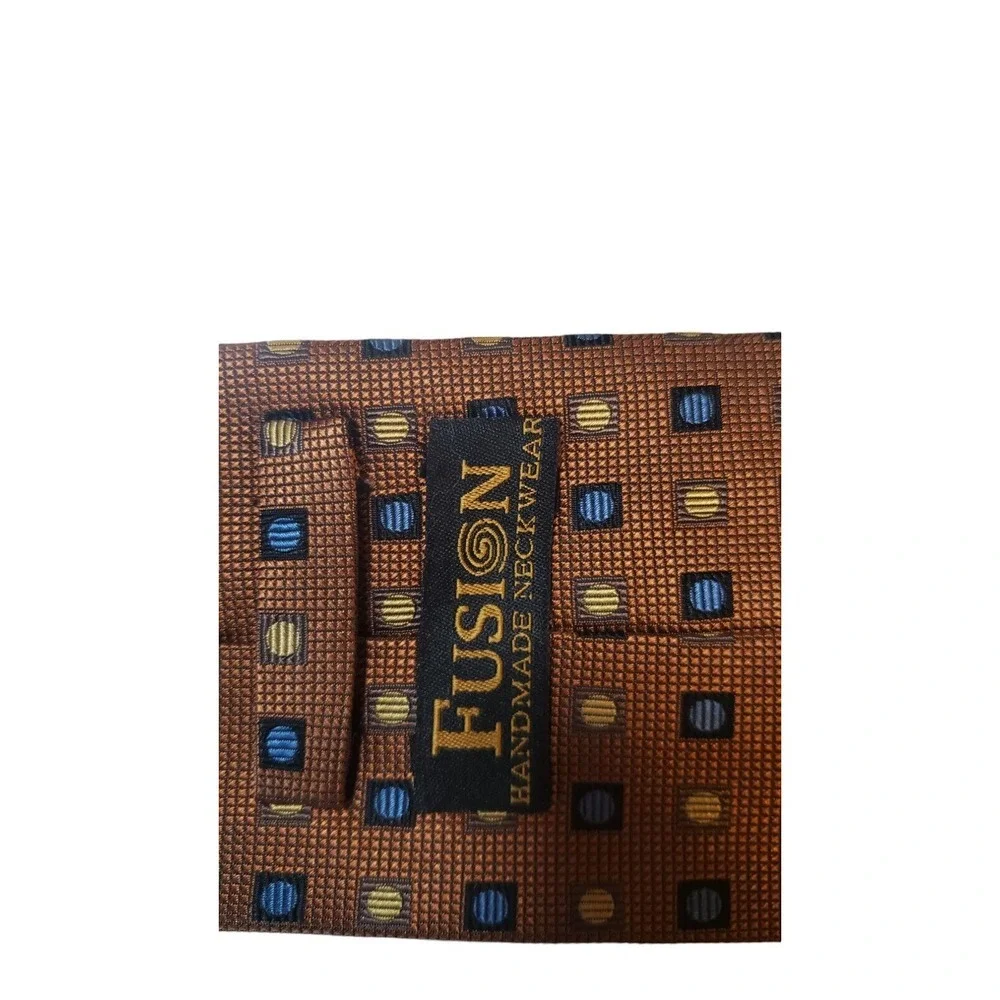Fusion Handmade Neckwear Bronze Blue Men's Neck Tie‎ 100% Silk Geometric Luxury